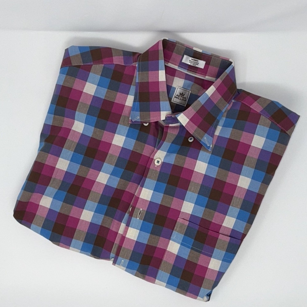 Peter Millar 100% Cotton White Pink Turquoise Button Plaid Short Sleeve Med